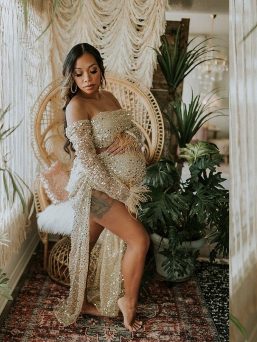 Sparkling Gold Off-Shoulder Maternity Dress 2 Piece
